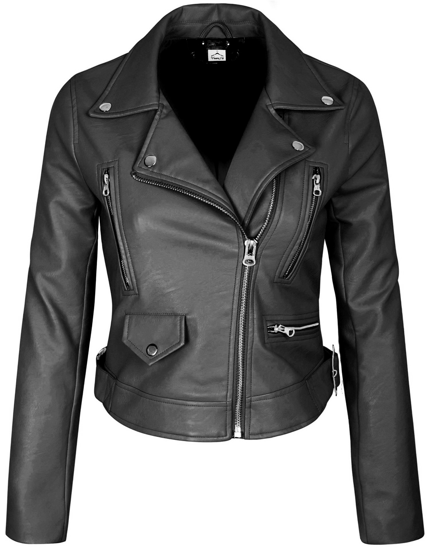 VearFit Womens Hooded Black Biker Motorcycle Faux Leather Jacket Missy ...
