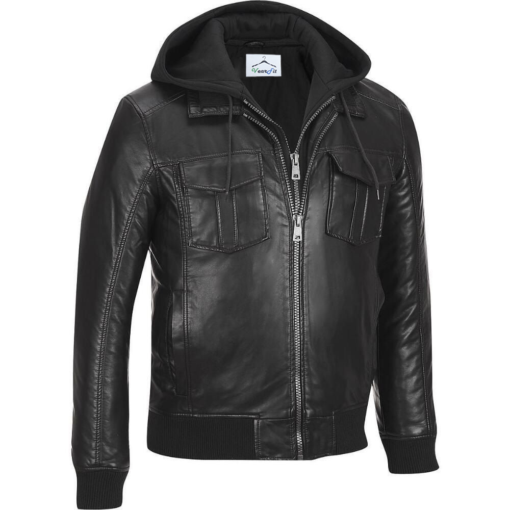 Bomber Hooded Black Faux Leather Jacket for Men | Shop Now
