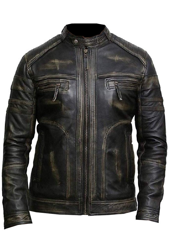Rub Off Distressed Biker Moto Stylish Black Real Leather Jacket Men