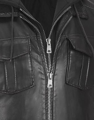 VearFit Brendo Bomber Hooded Black Faux Leather Jacket for Men Detachable Hood