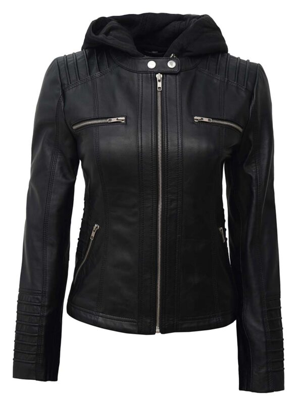VearFit Women's Hooded Black Biker Motorcycle Faux Leather Jacket Missy Regular & Plus Size