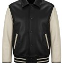Men's Black and White Varsity Leather Bomber Jacket – Retro College Style, Genuine Leather, Ribbed Cuffs & Hem, Classic Baseball Look