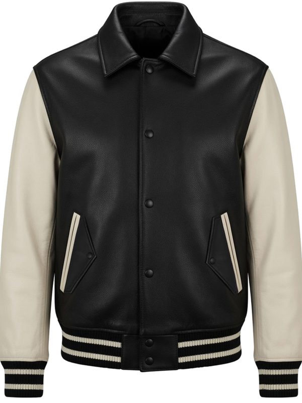 Men's Black and White Varsity Leather Bomber Jacket – Retro College Style, Genuine Leather, Ribbed Cuffs & Hem, Classic Baseball Look