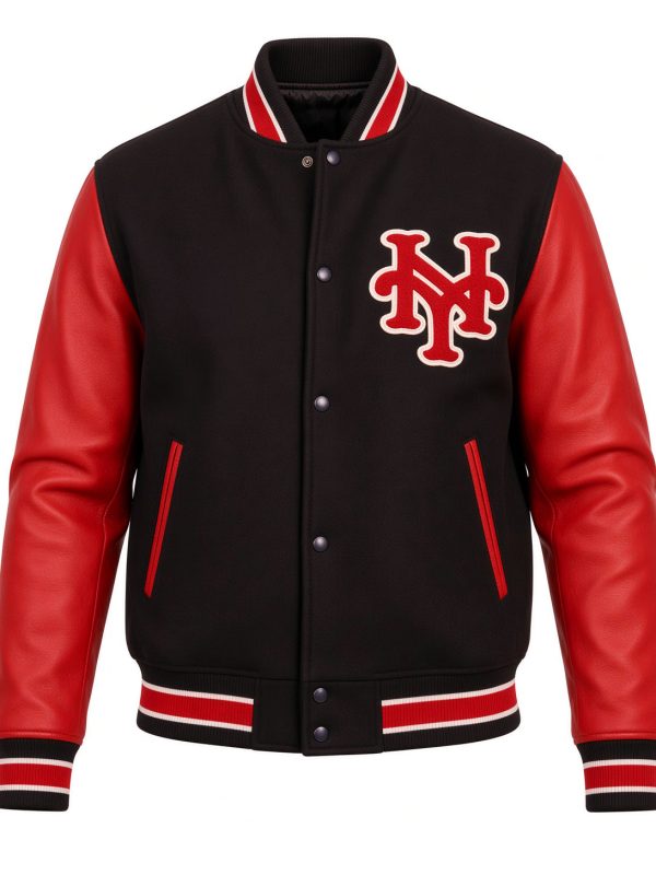 New York Mets Black and Red Varsity Jacket - Men Classic Baseball Bomber Jacket