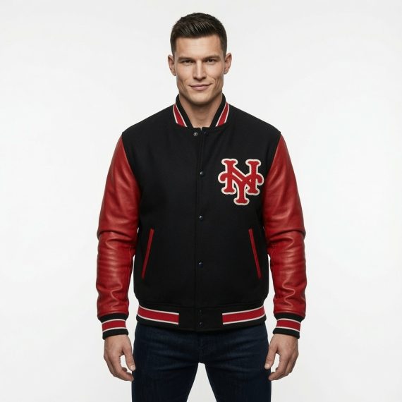 Varsity New York Mets Jacket With Leather sleeves
