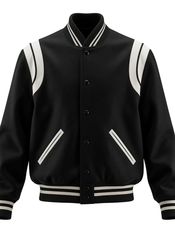 Black and White Minimalist Wool Varsity Jacket - Men Retro Bomber Jacket